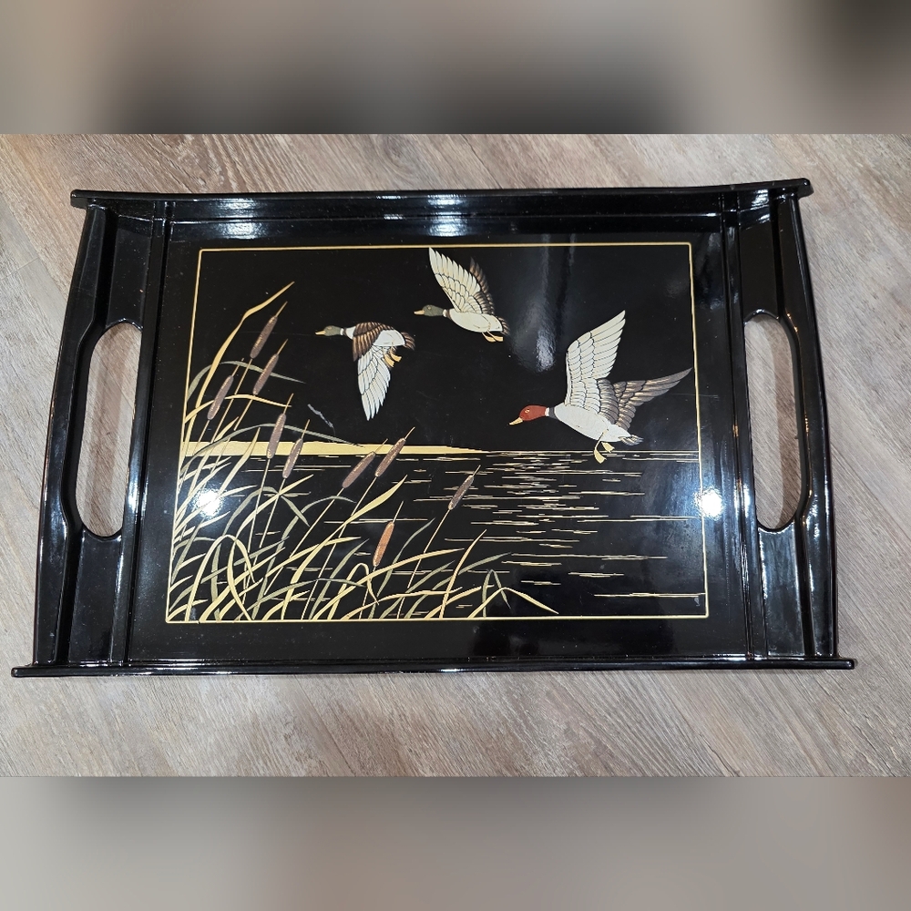 Vintage Unused Black Serving Tray with Duck Design